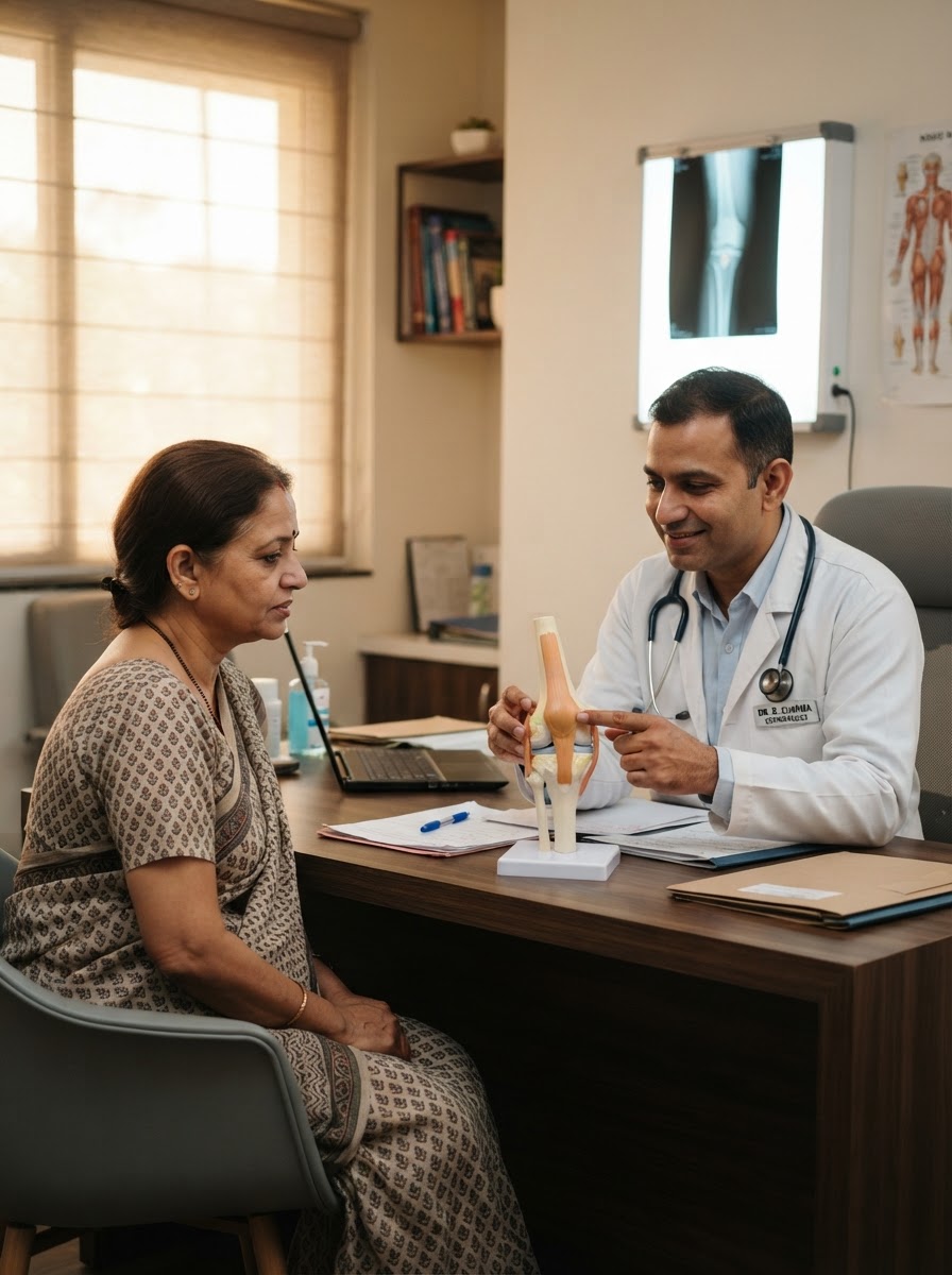 Dr. Sitsabesan Chokkalingam explaining a knee model to a patient