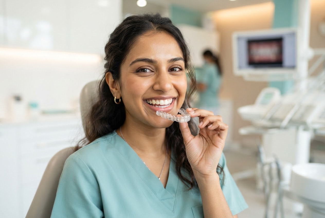 Patient holding a clear aligner