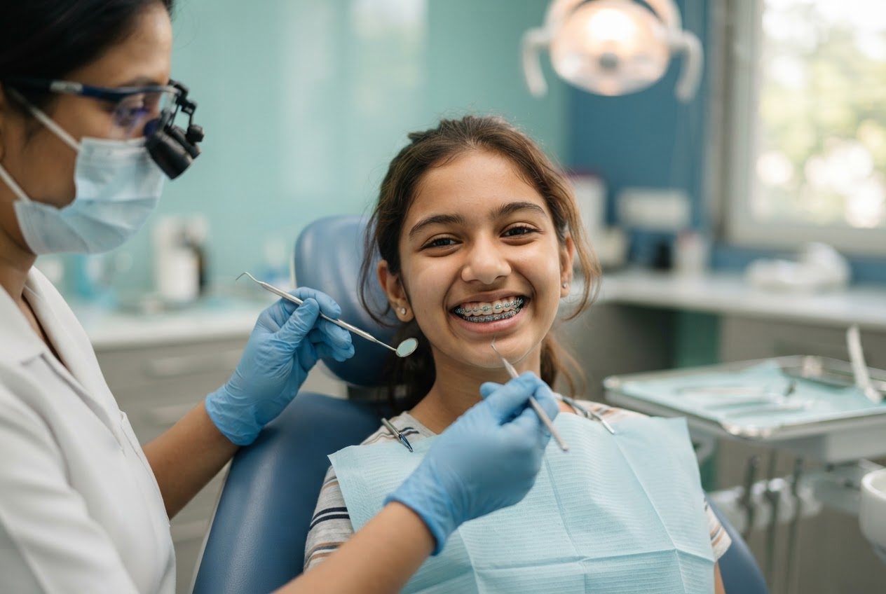 Young patient with braces at a check-up